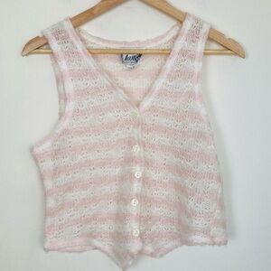 Vintage made in USA powder pink & white striped open weave knit button up vest.M